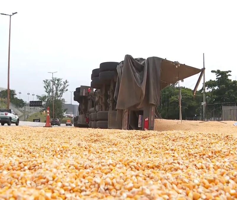 Carreta de milho tomba no Anel Rodoviário de Belo Horizonte